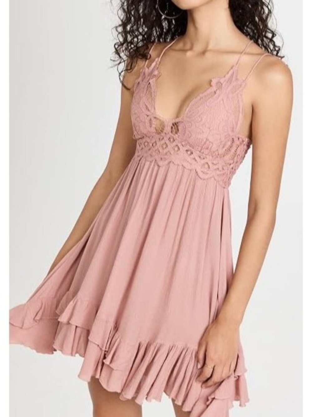 FP One Adella Slip Lace & Ruffle Detail Rose Mini Dress Adjustable Straps Medium